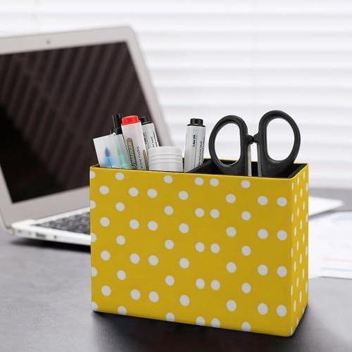 Pens Holder, Pencils Holder for Desk Organizer, Yellow Polka Dots PU Leather Pencil Cups Desktop Stationery Storage Makeup Brush Holder Pens Organizer for Office Home - Image 5