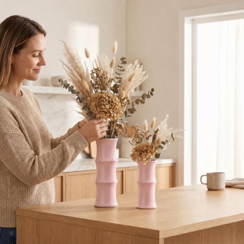 Blush Pink Ceramic Bamboo-Inspired Flower Vase Set of 2, Modern Home Décor - Image 5
