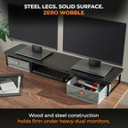 DuoStand Plus - 39” Dual Monitor Riser for Desk with 2 Drawers - Wood & Steel Double Monitor Stand with Storage - Desk Organizer Shelf for Desktop Computer, Laptop, TV & Printer (Matte Black) - Image 4