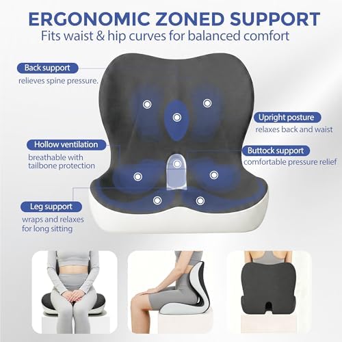 Seat Cushion for Office Chair and Car, Ergonomic Memory Foam Seat Cushion with Lumbar Support Pillow, Orthopedic Cushion for Sciatica & Back Pain, Dark Gray & Light Gray - Image 3