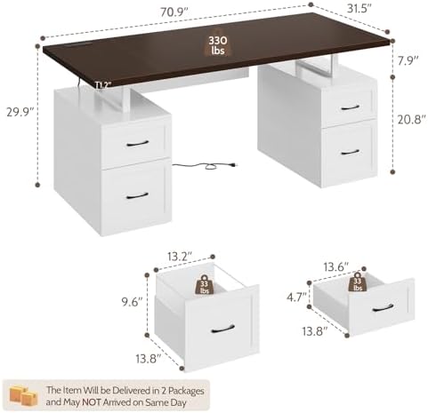 Farmhouse Desk with Drawers & Power Outlet, White Home Office Desk with File Organizer, 71" Executive Desk with Storage, Computer Desk with Privacy Panel - Image 2