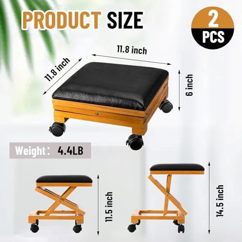 CroBlissful 2 Pack Rolling Adjustable Foot Rest Foldable Under Desk Ottoman with Wheels Leather Foldaway Guitar Foot Stool for Home Office Living Room Bedroom - Image 2