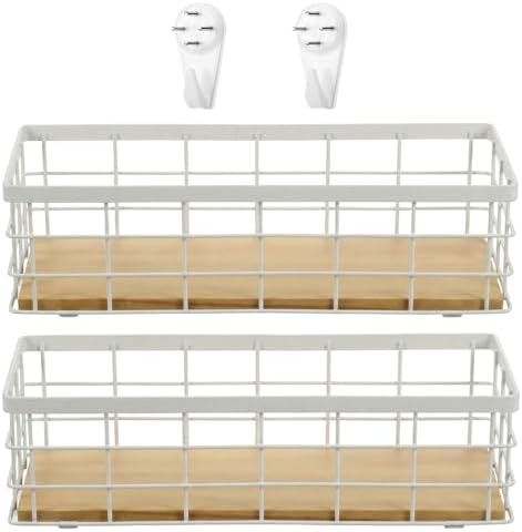 Set of 2 Small Wire Baskets, Narrow White Metal Storage Bins for Bathroom Counter & Kitchen, Farmhouse Rustic Organizer Trays for Pantry, Office, RV, Countertop Decoration (White) by Unknown