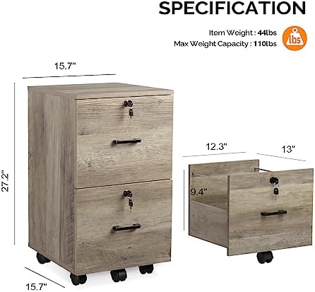 VINGLI 2 Drawer File Cabinet with Lock, Wood Rustic Gray Filing Cabinet for Letter Size File Folders with Tabs, Under Desk Rolling File Cabinets for Home Office, Mobile File Organization Printer Stand - Image 3