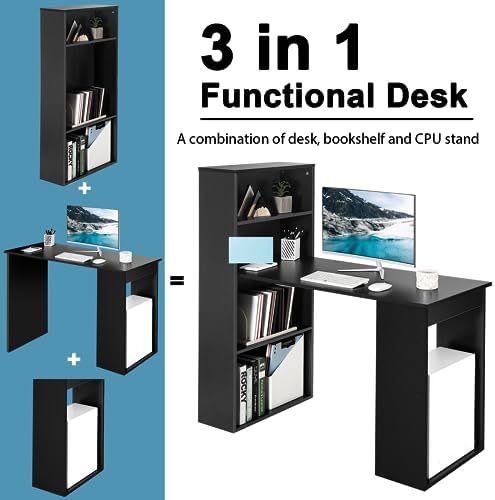 Tangkula Computer Desk with Bookshelf, Writing Study Desk with Storage Shelves & CPU Stand, Modern Compact Computer Workstation for Home & Office, Space-Saving Design (Black) - Image 5