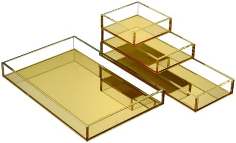 Gold Acrylic Desk Organizer for Office or Home Desk Drawer Dividers, Makeup Vanity Storage Bins, Stackable 4-Pack, Acrylic Accessory and Half Accessory Tray/Small Tray - Image 4