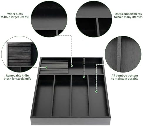 VaeFae Bamboo Silverware Drawer Organizer, 5 Slots, Black - Image 4