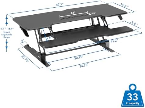 Mount-It! 47" Standing Desk Converter, XL Desktop Sit-Stand Desk Riser with Gas Spring Height Adjustment, Wide Desk Topper for Dual Monitors or Monitor & Laptop, Keyboard Tray, Black - Image 3