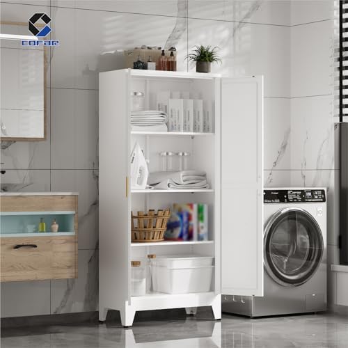 COFaR 61'' Tall Metal Storage Cabinet, Farmhouse Kitchen Pantry Cabinet with Doors and 3 Adjustable Shelves, White Metal Cabinets for Kitchen, Bathroom, Laundry, Garage, 4-Tier - Image 4
