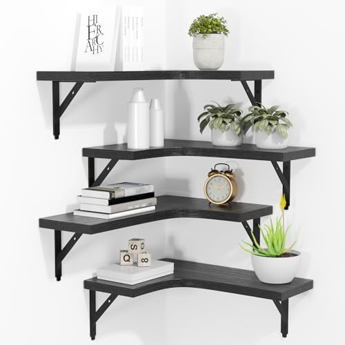 ROMGUAR CRAFT Corner Floating Shelves Wall Mounted Set of 4, Black by ROMGUAR+CRAFT