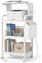 Tall Printer Stand with Charging Station, 4-Tier Large Printer Table Adjustable Shelf, Mobile Printer Cart on Wheels Heavy Duty for Home Office, Fits 3D Printer Shredder Scanner Fax, Pure White by DONGRONG
