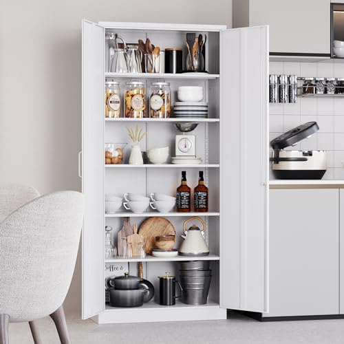 SISESOL Metal Storage Storage Cabinet with 5 Adjustable Shelves,White Metal Cabinet with Locking Doors,Steel Pantry Cabinet with Lock,71" Lockable Storage Cabinet for Home,Office,Garage,Kitchen,Shop - Image 2