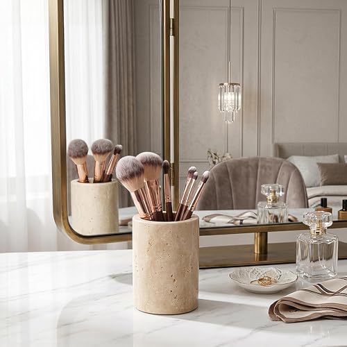 Travertine Stone Pen Holder for Desk, Handcrafted Volakas Sturdy Desk Organizer for Office Supplies Storage Desktop Stationary Makeup Brushes Cup Pencil Holders for Home Beige (WH101) - Image 6