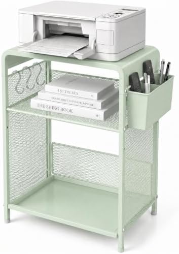 ECOLOVI Small 3 Tier Printer Stand for Under Desk, Height Adjustable Shelf Printer Table with 3 S-Hooks & Basket, Heavy Duty Industrial Storage Shelf for Home Office (Sage Green) by ECOLOVI