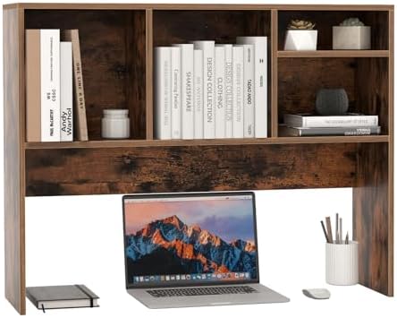 GOFLAME 4 Cubes Desktop Bookshelf, 37” Tabletop Wood Desk Shelf for Computer Monitor, Modern Countertop Desk Display Hutch Storage Organizer Shelf for Home Office, Dorm, Study, Rustic Brown by GOFLAME
