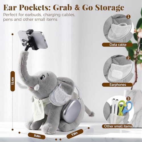 Phone Holder, Phone Mount with 360° Rotating Clip 45° Adjustable Trunk, Elephant Stuffed Animal with Ear Pockets Glasses Cloth Scarf & Back Headphone Fit, Cell Phone Holder for Desk Bed Sofa Car- Gray - Image 5