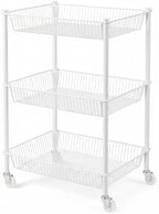 Kitchen Storage Cart for Fruit Vegetable 3 Tier Utility Cart with Wheels, White Rolling Pantry Floor Organizer Onion Potato Storage, Metal Wire Basket Stand Snack Shelf Home Organization by Ufriandz