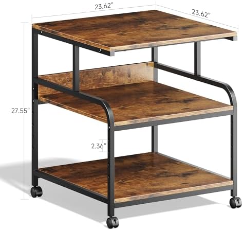 Warmiehomy 24x24 inches Printer Stand with Adjustable Storage Shelf - Large Printer Table with Wheels - 3 Tier Rolling Cart - Use for 3D Laser Printer Mini Fridge Home Office (Brown) - Image 3