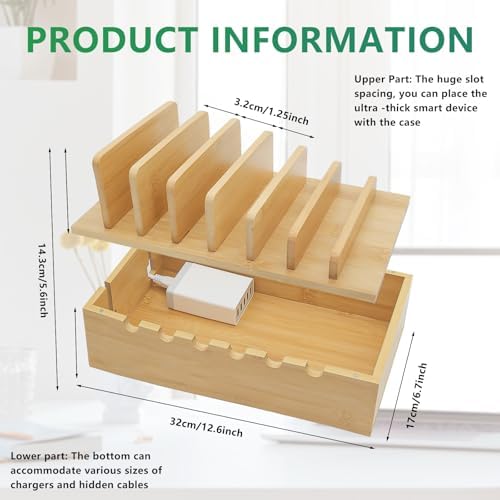 Bamboo Charging Station Organizer, Multi-Device Charging Dock with Cable Management, Phone Tablet Stand for Home Office, 5-Port USB Charger & 6 Cables Included - Image 4