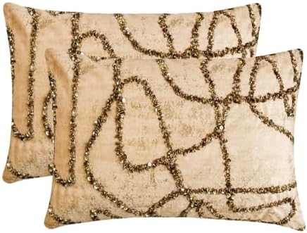 The HomeCentric Decorative Lumbar Pillow Cover Gold, 12"x18" (30x45 cm) Jacquard Foil, Bead, Sequins, Hand Embroidery Lumbar Cushion Covers For Sofa, Couch, outdoor, Abstract Modern - Astral Glow Gold - Image 7