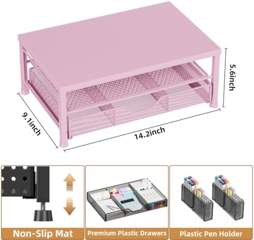 Monitor Stand Riser with Mesh Drawer and 2 Side Pen Holders, Pink Metal Top - Image 2