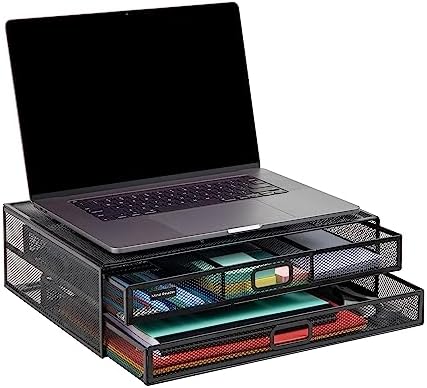 Mind Reader Monitor Stand, Ventilated Laptop Riser, Storage Drawer, Office, Metal Mesh, Black, 2 Drawers (Pack of 4) - Image 5