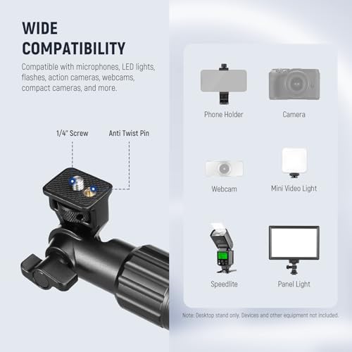 NEEWER Overhead Camera Mount Arm with Phone Clip, 22"/56cm 180°&360° 2 Section Flexible Holding Arm for Desk Stand, Fits 0.87"-1.1" Tube, 5.5lb/2.5kg Max Load for Camera LED Ring Light Mic, DS009 - Image 6