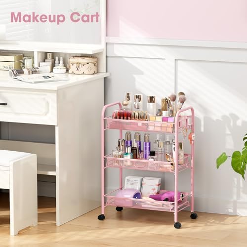 TOOLF 3 Tier Rolling Cart, Metal Utility Storage Cart with Wheels, Pink - Image 5