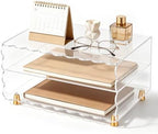 2+1 Tier Paper Letter Tray,Acrylic Desk Organizer with Scalloped Edge& Gold Metal Feet,Top Display Design,Space Saving Clear Organizer for Women, A4 File, Letter, Books,Notes,Home & Office by Swiscena