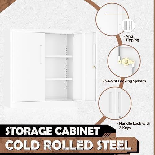 INTERGREAT Metal Garage Storage Cabinet, 36" Locking Counter Cabinet with 2 Locking Doors and 2 Adjustable Shelves, Small Steel Cabinet for for Home Office, Gym, School(White) - Image 4