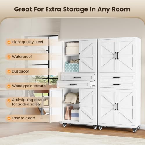 White Metal Garage Storage Cabinet Rolling Kitchen Storage Pantry Cabinet - Image 6