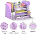 SUPEASY Mesh Desk Organizer with File Holder, 5-Tier Paper Letter Tray Organizer with Magazine Holder, Desktop Organizer and Storage with Drawer for Office Supplies Home or School (Purple) - Image 3