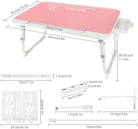 Laptop Desk for Bed, Adjustable Height Laptop Bed Table, Foldable Lap Desk with USB Charge Port, Desktop Card Slot, Side Drawer, Book Shelf, Portable Lap Tray for Eating Reading Working Sofa & Floor - Image 2