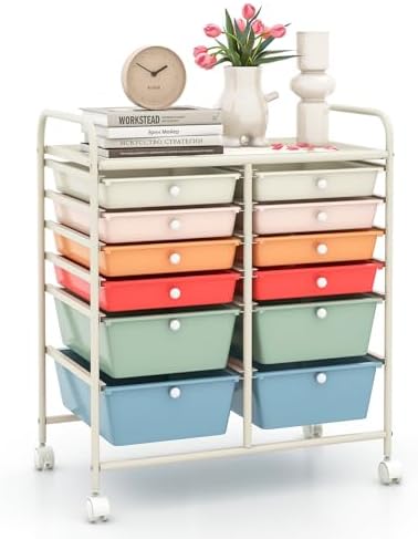 LDAILY 12 Drawer Rolling Storage Cart, Craft Cart Organizer on Wheels w/Metal Frame, Large Capacity & Smooth Drawer, Rolling Cart w/Drawers for Classroom, Office by LDAILY