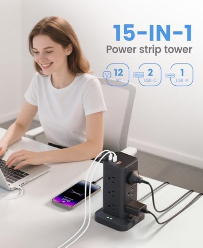 Power Strip Tower with Surge Protector 1800J, Fast Charging Tower PD20W USB-C Ports with 12 AC Outlets, Extension Cord for Home Office Dorm Room, 15ft, Black - Image 2