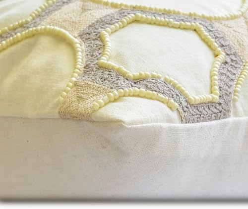 The HomeCentric Designer Lumbar Pillow Cover Ivory 12"x22" (30x55 cm) Cotton Linen Embroidery, Handmade, Pearl Oblong Pillow Cover, Geometric Contemporary Style - Penina - Image 2