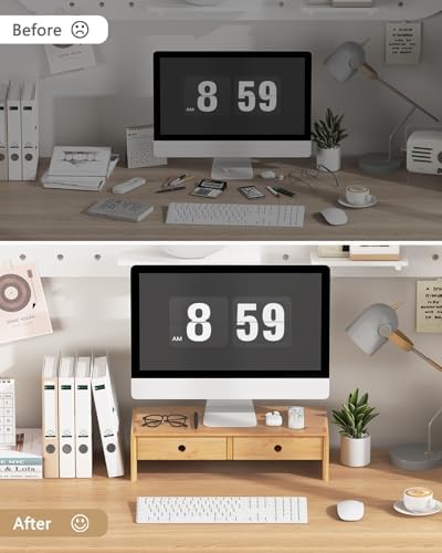 Ufine Bamboo Monitor Stand with 2 Drawers & Keyboard Storage - Image 4