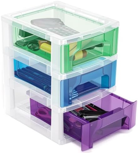 Plastic Desktop 3-Drawer Storage Organizer,Stackable Craft Drawer Storage Container For Art Craft Supplies,Office School Home (Green-Blue-Purple) by GenronCraft