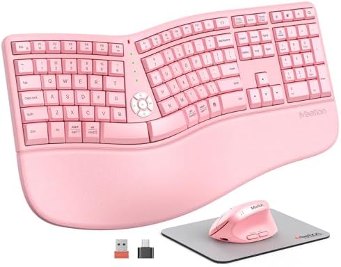 MEETION Ergonomic Keyboard Mouse Combo, Split Design, Vertical Mouse, Pink by MEETION