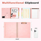 Clipboard with Storage for Men Women, Leather Padfolio Portfolio Organizer 5 Folders with 10 Pockets, Spiral Clipboard Folio with Notepad for Letter Size, Elastic Closure and Pen Loop Pink - Image 2