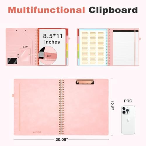 Clipboard with Storage for Men Women, Leather Padfolio Portfolio Organizer 5 Folders with 10 Pockets, Spiral Clipboard Folio with Notepad for Letter Size, Elastic Closure and Pen Loop Pink - Image 2