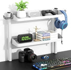 Clamp on Desk Shelf White, 2-Tier Office Desk Shelves Organizer, 17in Small Shelf for Top of Desk with Headphone Holder, Hooks, Desktop Storage Rack for Home Workspace, Study Rooms, Gaming Accessories by DEARPER