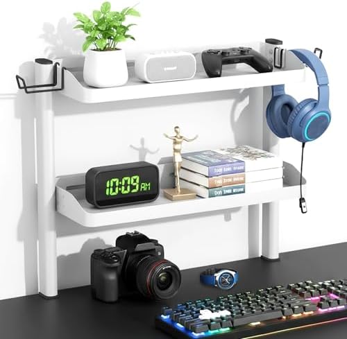Clamp on Desk Shelf White, 2-Tier Office Desk Shelves Organizer, 17in Small Shelf for Top of Desk with Headphone Holder, Hooks, Desktop Storage Rack for Home Workspace, Study Rooms, Gaming Accessories by DEARPER