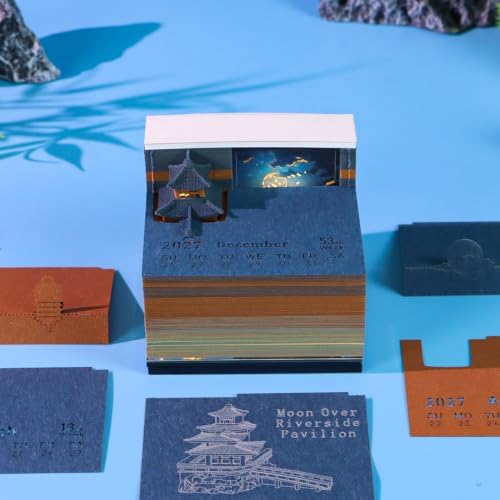 3D Art Calendar Memo Pad 2027,Desk Time Piece Calendar 3D Riverside Pavilion Notepad Creative Rip Away Calendar Paper Carving Note - Image 4