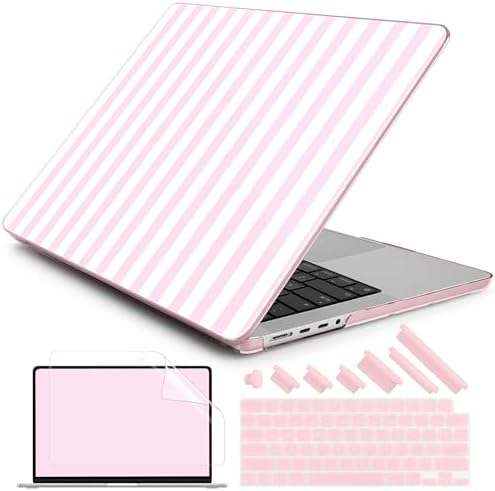 DONGKE Compatible with MacBook Pro 16 Inch Case (2026-2021 Release, M5 M4 M3 M2 M1 Pro/Max Chip), Plastic Hard Shell with Keyboard Cover & Screen Protector for MacBook Pro 16", Pink & White Stripes by DONGKE