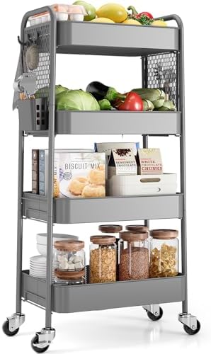 TOOLF 4 Tier Rolling Cart, Metal Utility Storage Cart with Pegboard, Grey by TOOLF