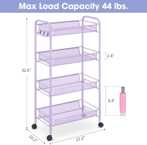 TOOLF 4 Tier Rolling Cart, Metal Utility Storage Cart with Wheels, Purple - Image 6
