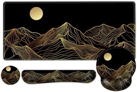 ARTSO Large Mouse Pad Keyboard Wrist Rest Combo, Ergonomic Mouse Pad with Wrist Support, Extended Non-Slip Desk Mat Protector, 4-in-1Set Desk Blotter for Office Home, Golden Sun Mountain by Artso