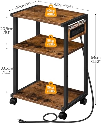 HOOBRO Industrial Printer Stand with Charging Station, 3-Tier Printer Table, Rolling Printer Cart with Adjustable Shelf and Hook, Rustic Brown and Black BF28UPS01 - Image 3