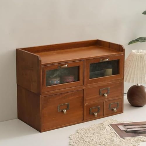 Desktop Organizer with 6 Drawers, Tabletop Drawer Cabinet with Acrylic Door Wood Supplies Organizer Vintage Desk Storage Drawers Brown for Living Room Office - Image 4